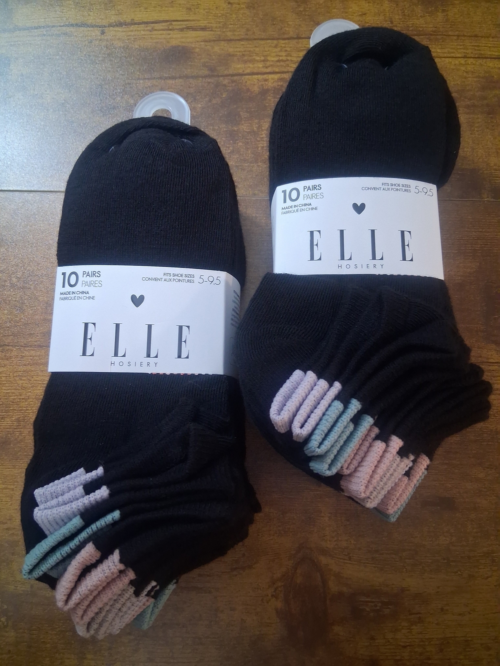 20 Pair- ELLE Black Low-Cut No Show Socks with Pastel Accents - 10 Pack X 2